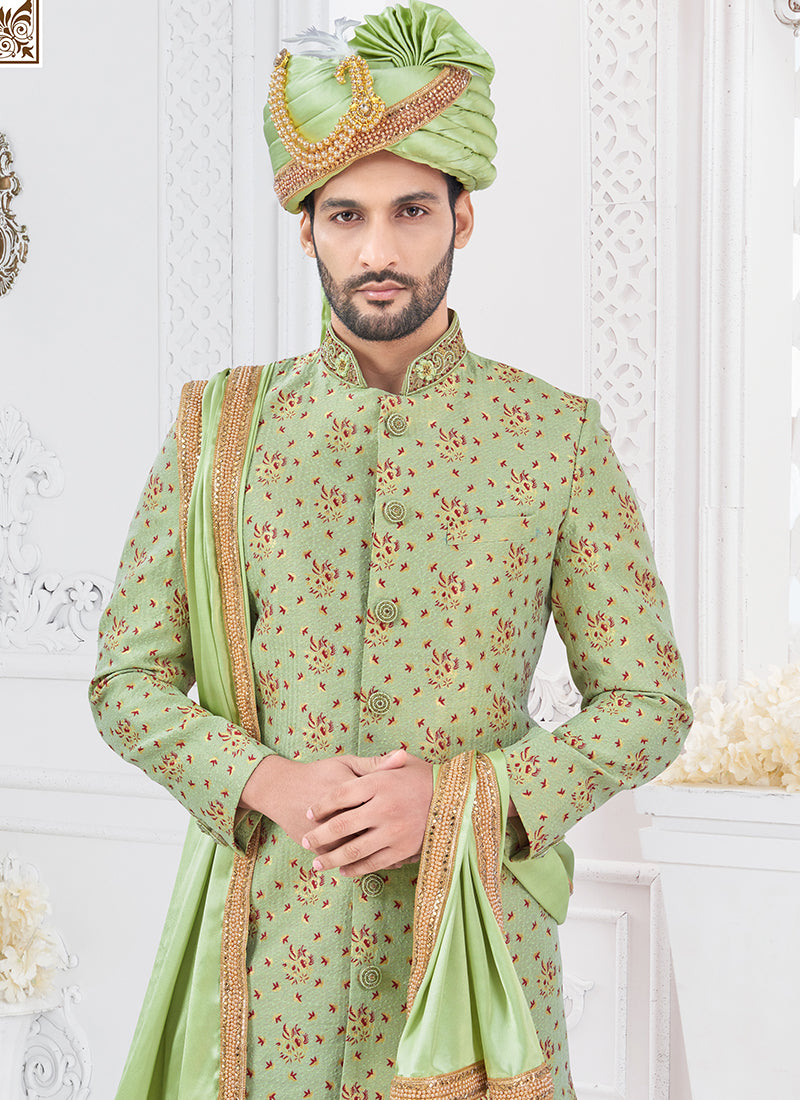 Jacquard Silk Green Groom Wear Hand Work Readymade Sherwani With Turban