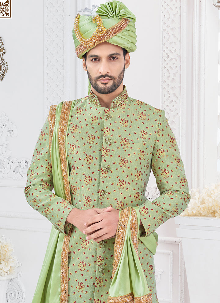 Jacquard Silk Green Groom Wear Hand Work Readymade Sherwani With Turban