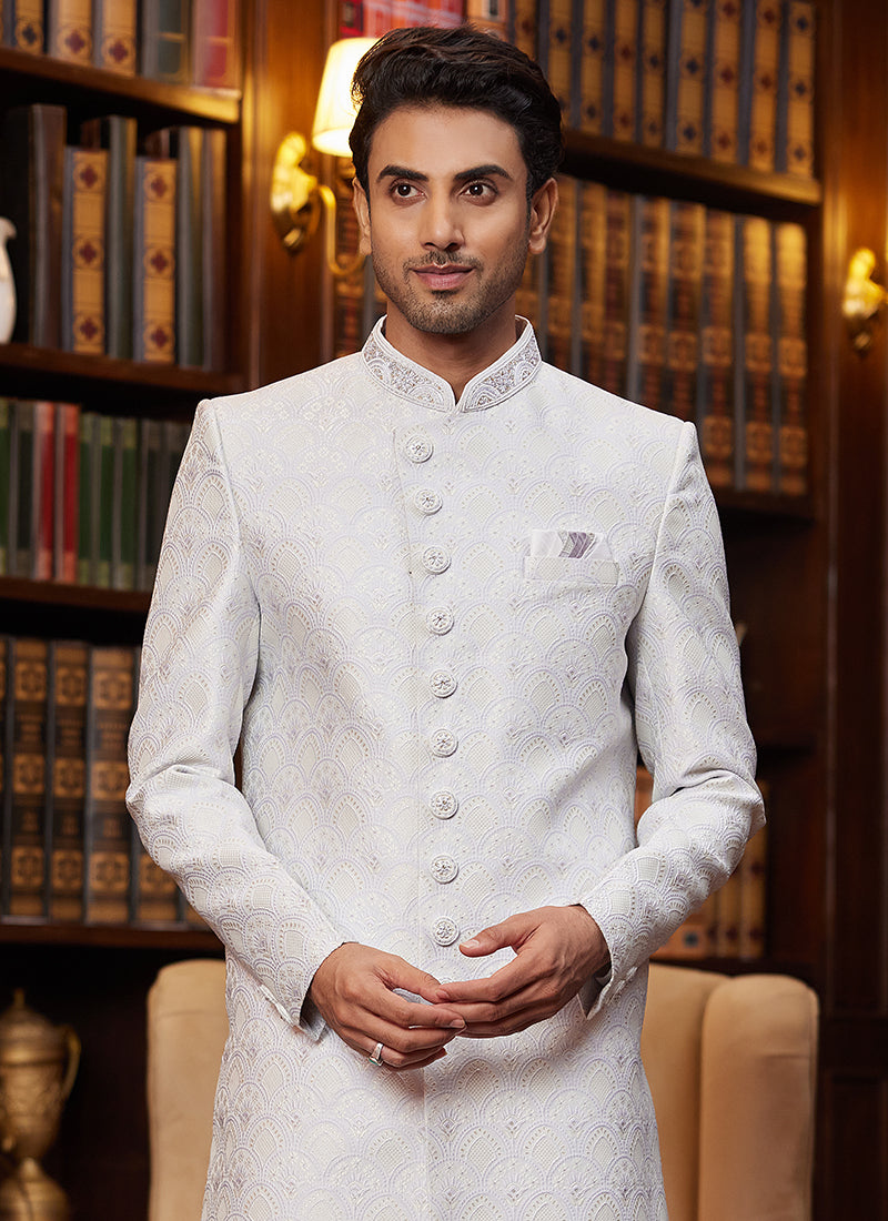 Jacquard Silk White Wedding Wear Hand Work Readymade Sherwani