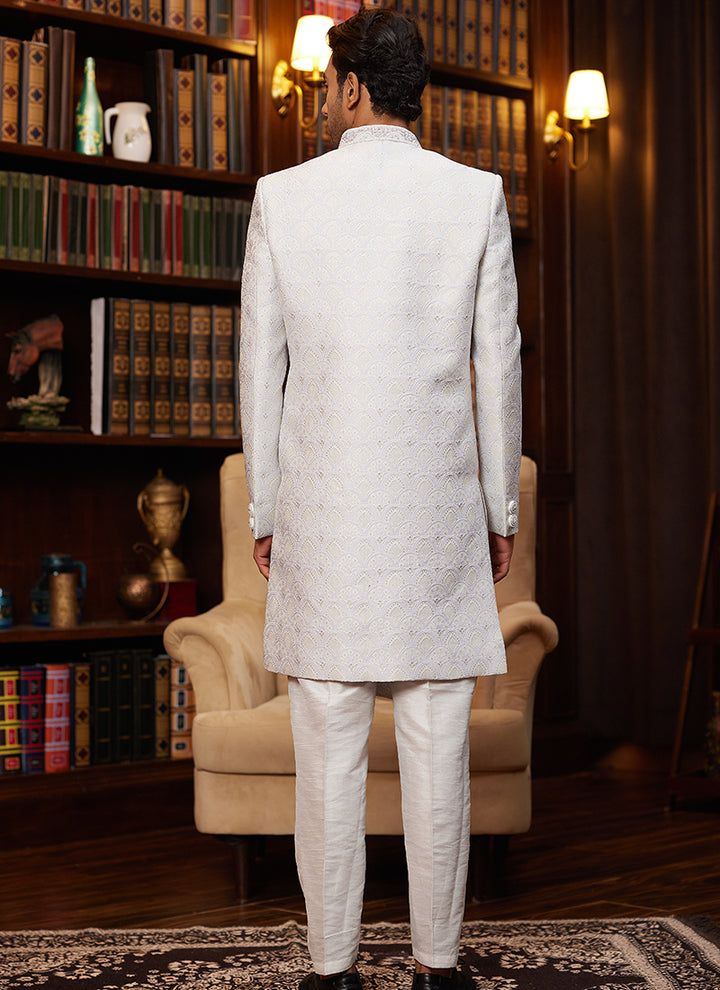 Jacquard Silk White Wedding Wear Hand Work Readymade Sherwani