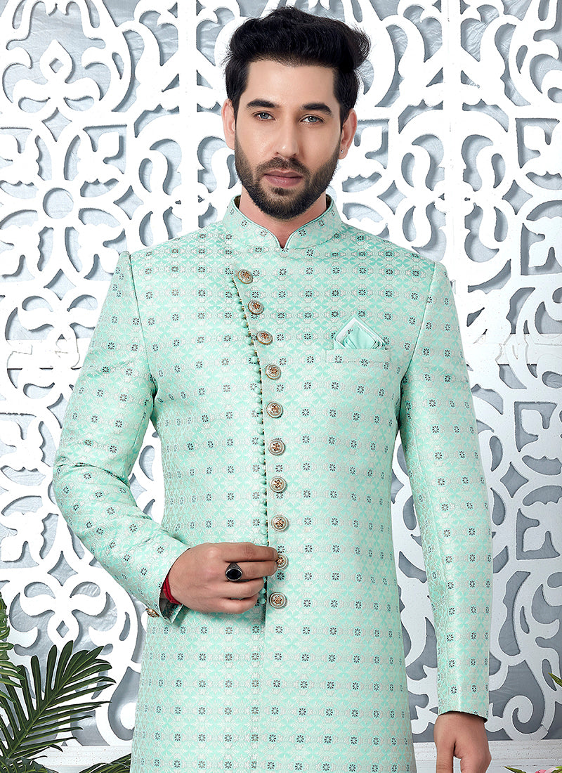Green Jaquard Silk Party Wear Pattern Pc Work Readymade Mens Indo Western