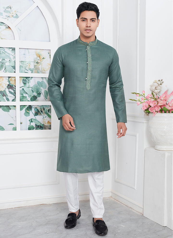 Linen Cotton Green Traditional Wear Thread Work Kurta Pajama