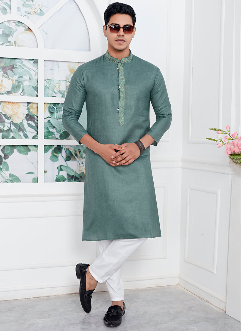 Linen Cotton Green Traditional Wear Thread Work Kurta Pajama