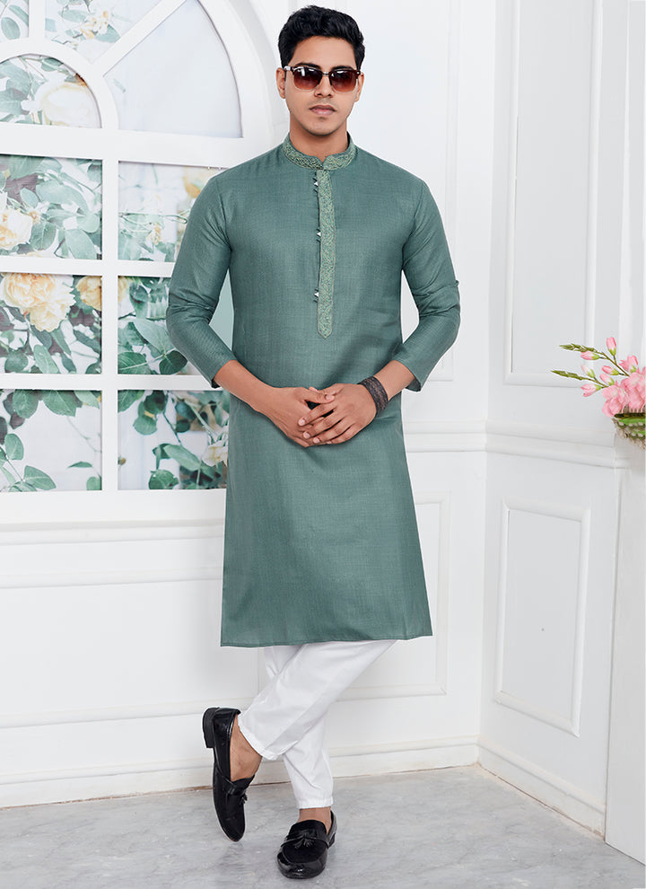 Linen Cotton Green Traditional Wear Thread Work Kurta Pajama