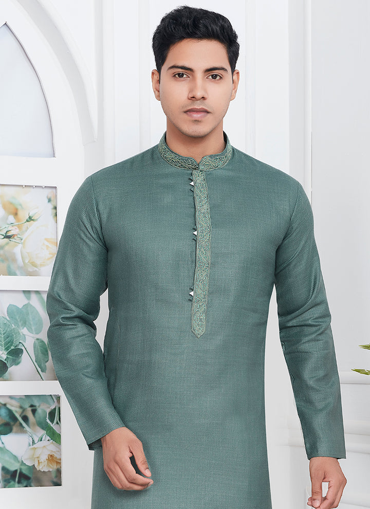 Linen Cotton Green Traditional Wear Thread Work Kurta Pajama