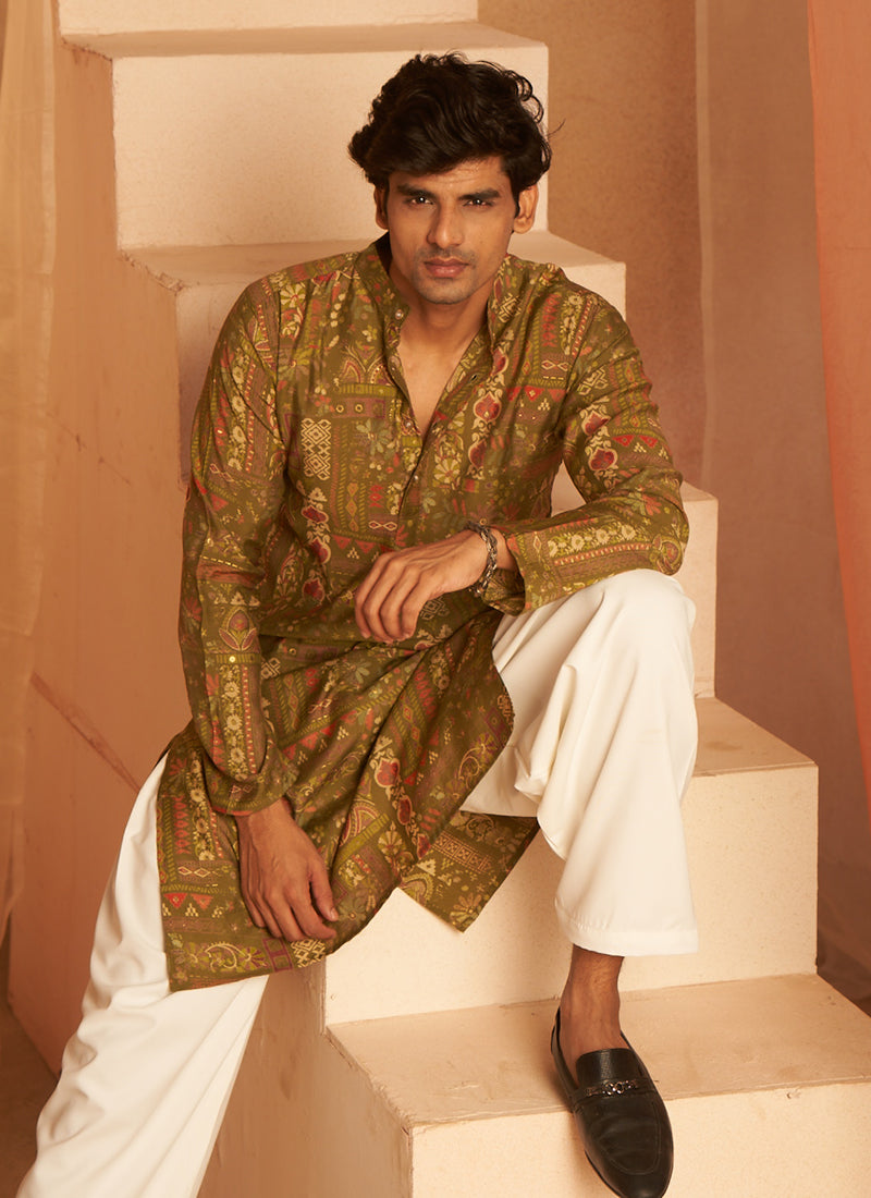 Modal Silk Green Ceremonial Wear Printed Readymade Kurta Pajama