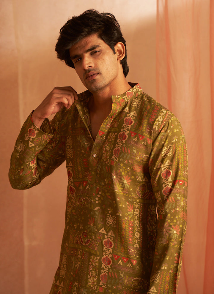 Modal Silk Green Ceremonial Wear Printed Readymade Kurta Pajama