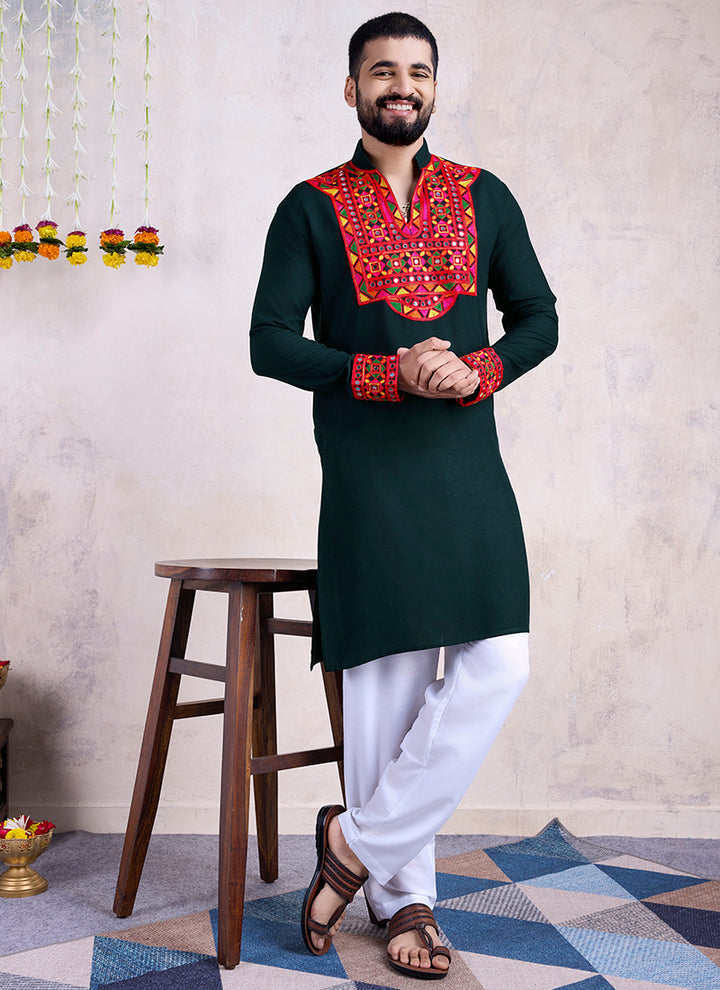 Rayon Green Navratri Wear Embroidery Work Readymade Kurta