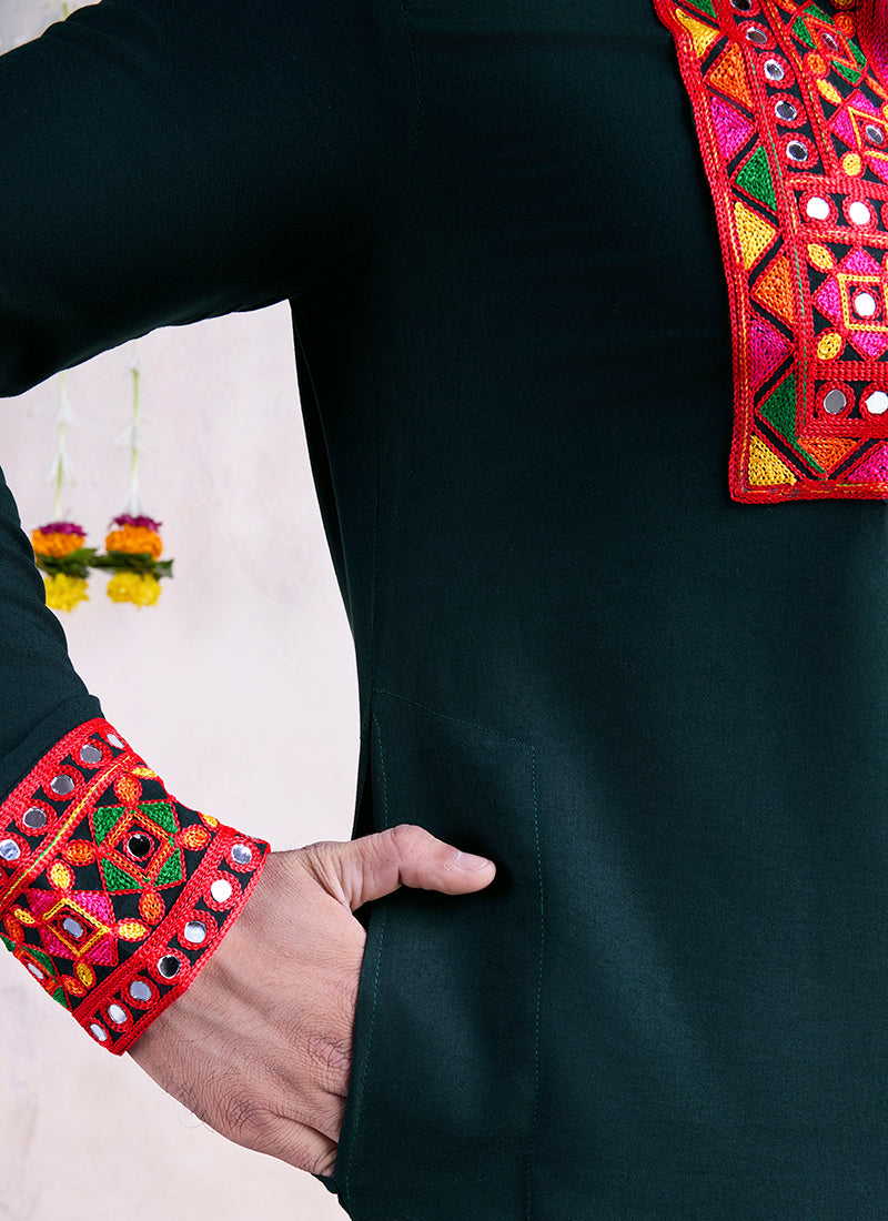 Rayon Green Navratri Wear Embroidery Work Readymade Kurta