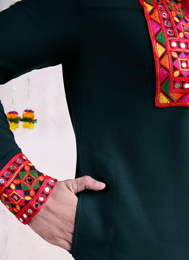 Rayon Green Navratri Wear Embroidery Work Readymade Kurta