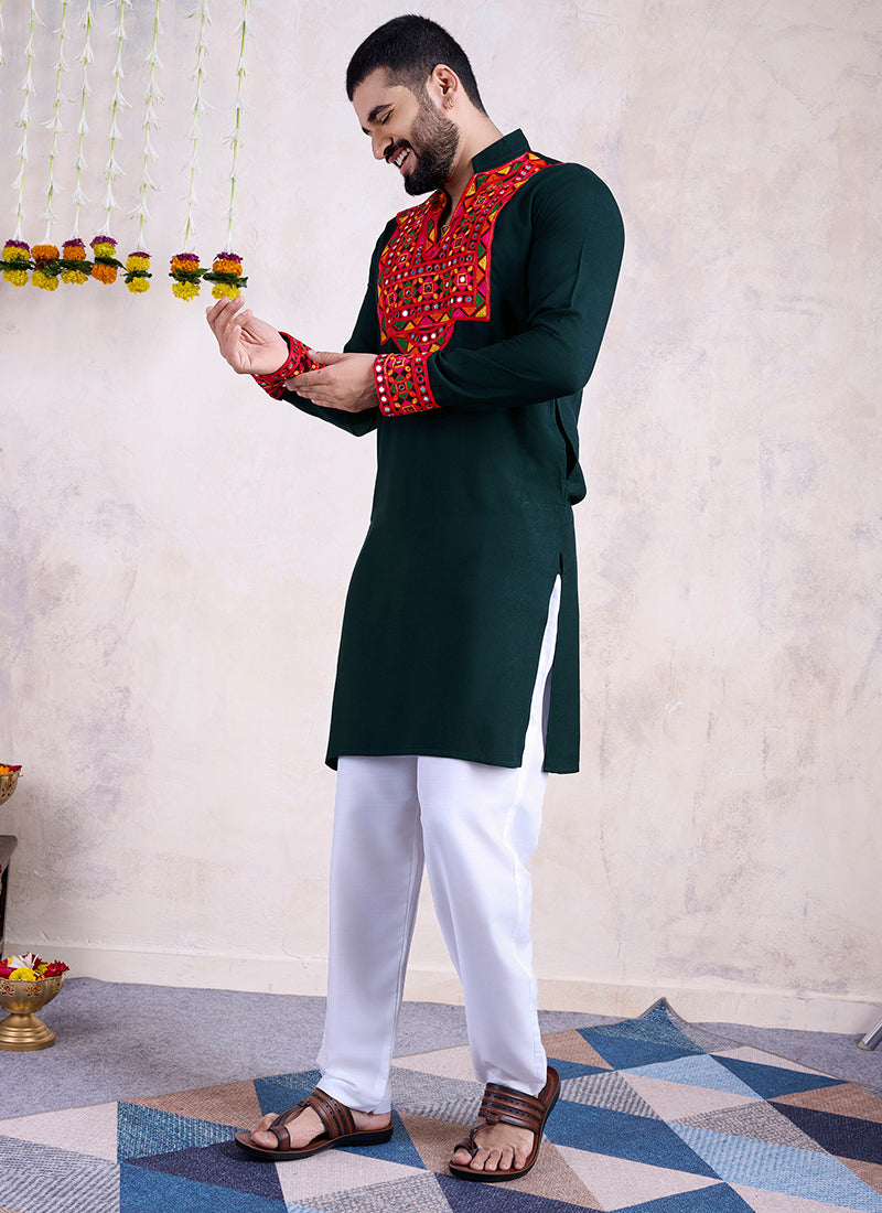 Rayon Green Navratri Wear Embroidery Work Readymade Kurta