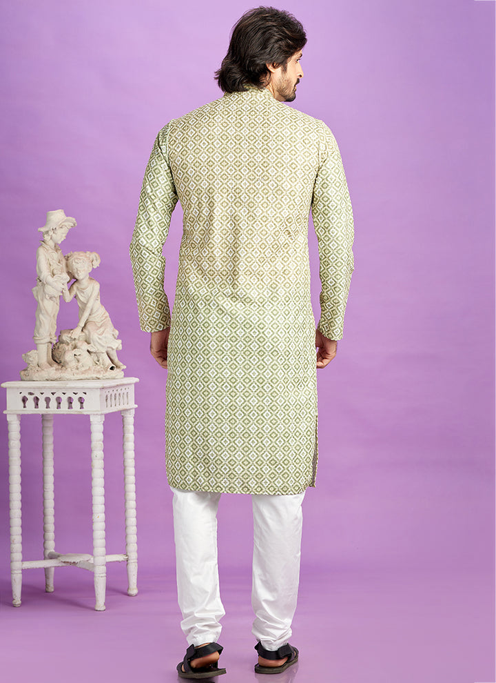 Semi Cotton Green Traditional Wear Digital Printed Kurta Pajama