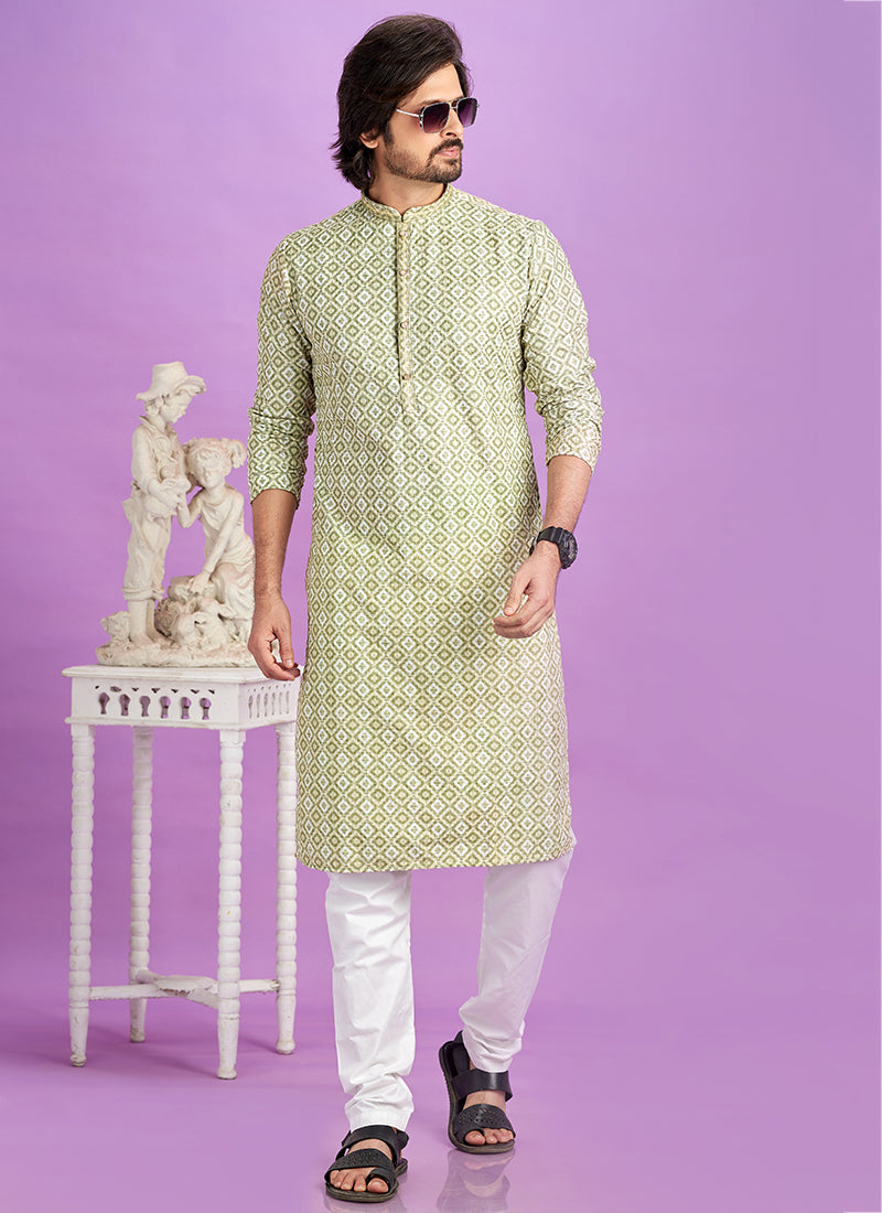 Semi Cotton Green Traditional Wear Digital Printed Kurta Pajama