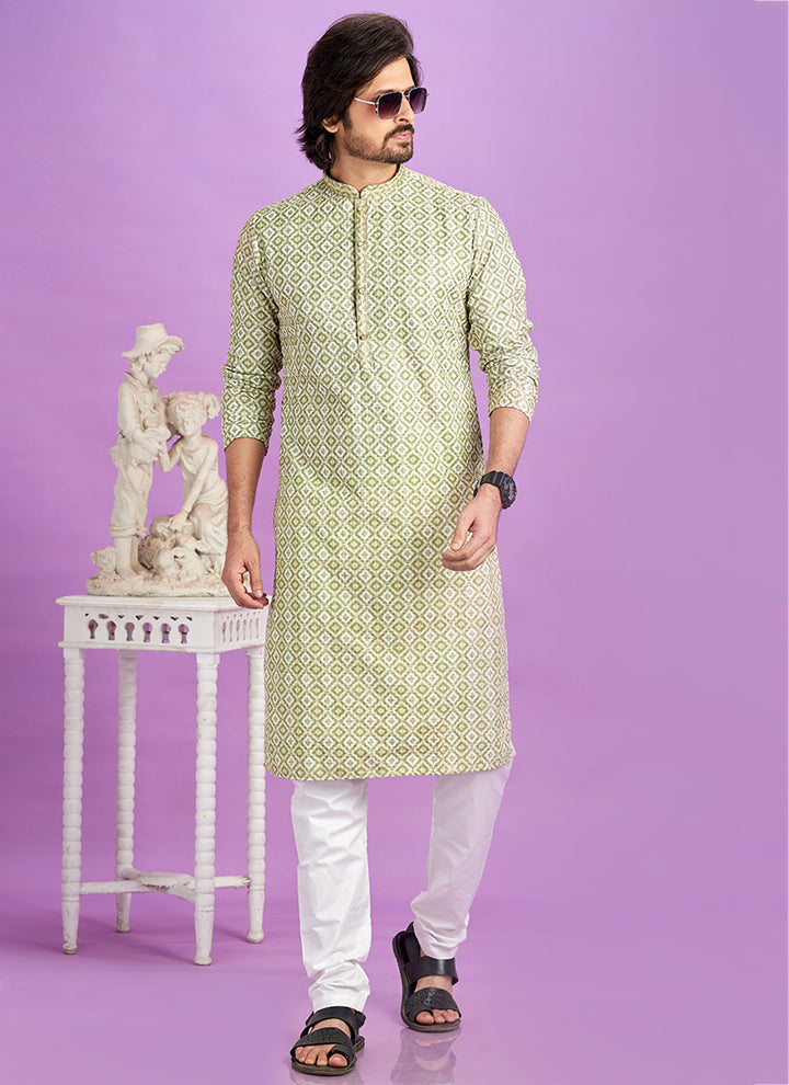 Semi Cotton Green Traditional Wear Digital Printed Kurta Pajama