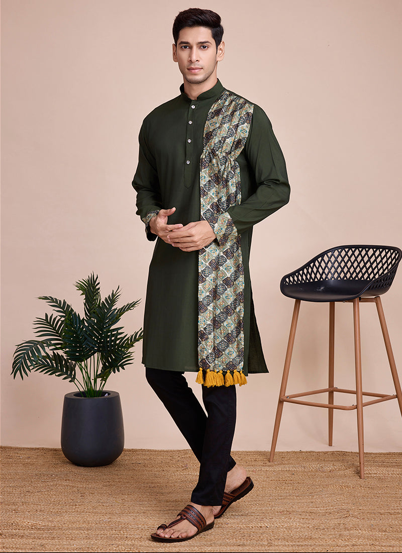 Silk Green Festival Wear Sequins Work Readymade Kurta With Dupatta