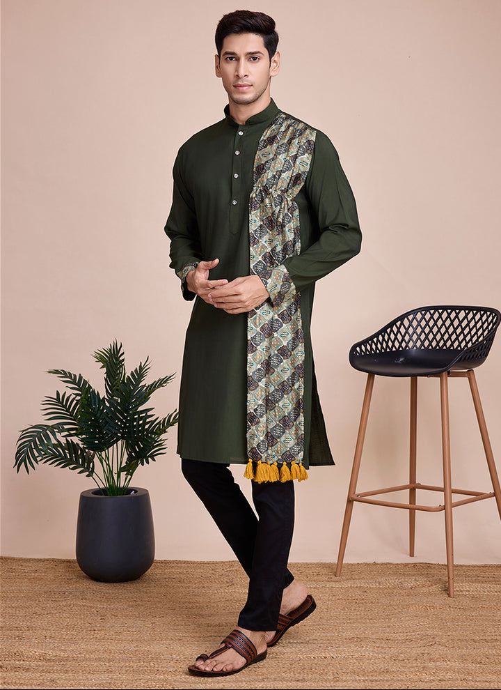 Silk Green Festival Wear Sequins Work Readymade Kurta With Dupatta