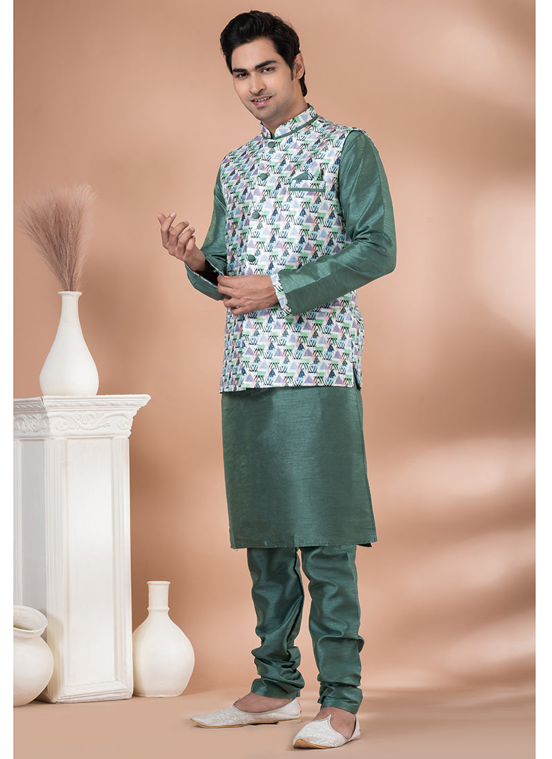 Silk Green Traditional Wear Corset Work Readymade Modi Jacket Kurta Pajama