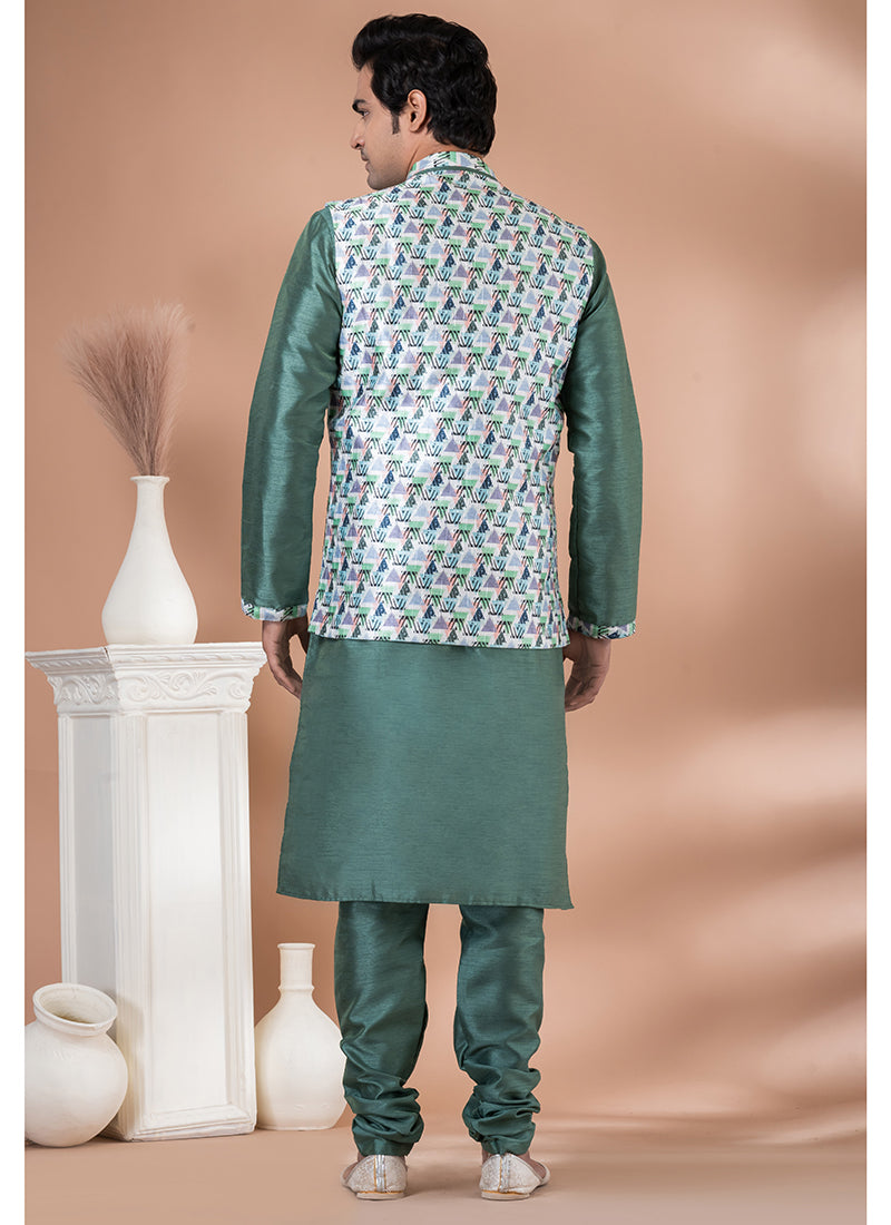 Silk Green Traditional Wear Corset Work Readymade Modi Jacket Kurta Pajama