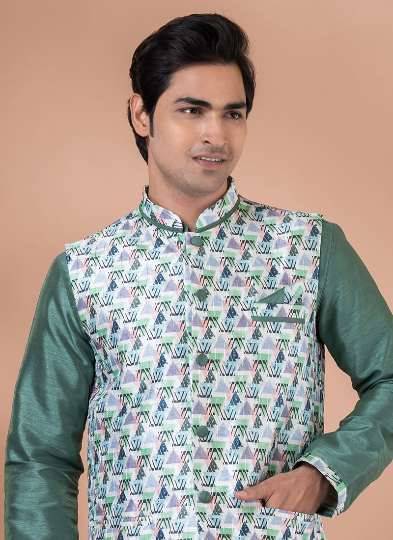 Silk Green Traditional Wear Corset Work Readymade Modi Jacket Kurta Pajama