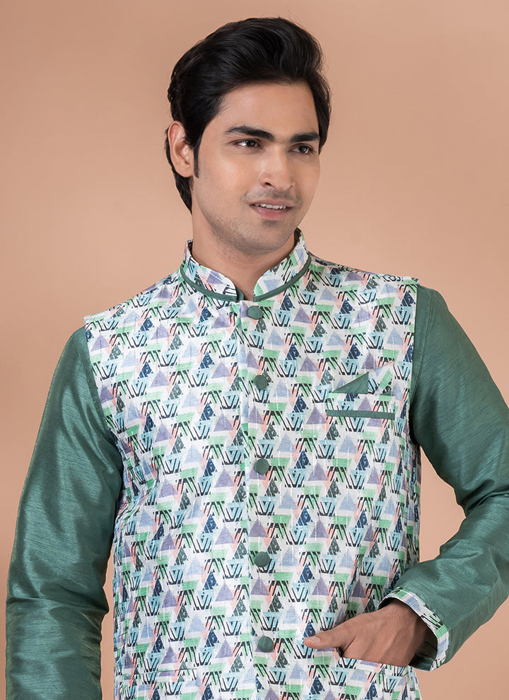 Silk Green Traditional Wear Corset Work Readymade Modi Jacket Kurta Pajama