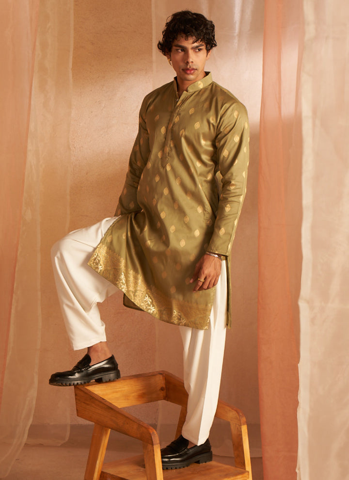 Viscose Green Eid Wear Wevon Designer Readymade Kurta Pajama