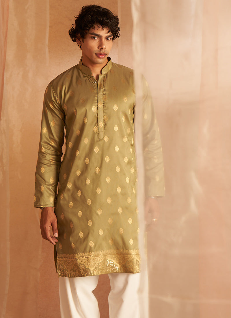 Viscose Green Eid Wear Wevon Designer Readymade Kurta Pajama