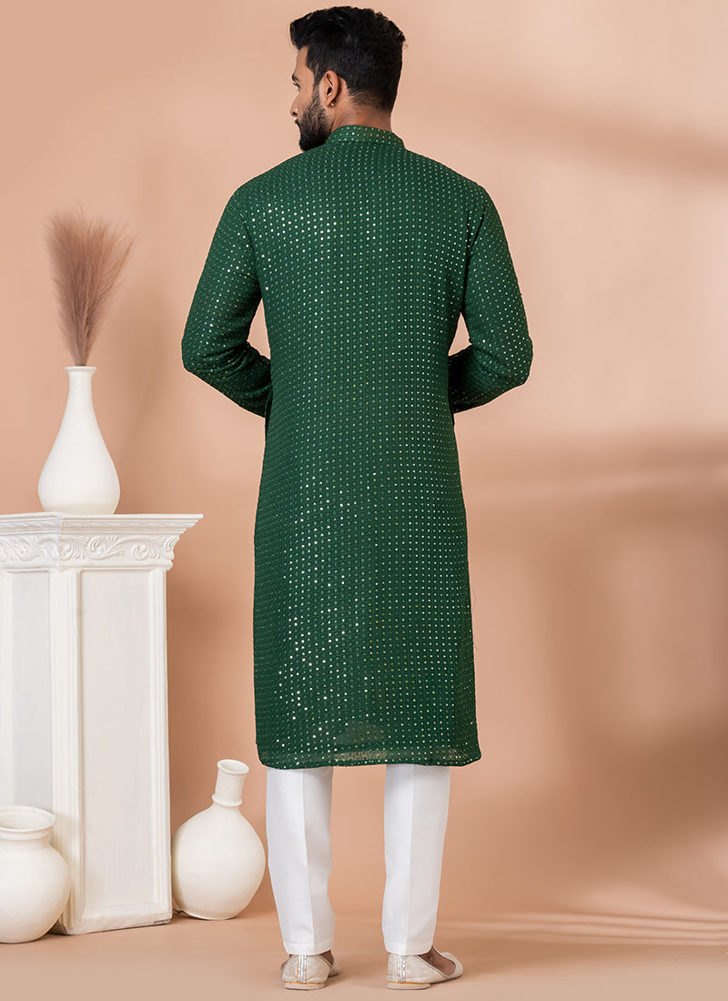 Viscose Green Festival Wear Embroidery Work Kurta Pajama