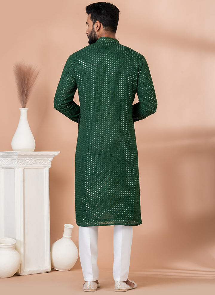 Viscose Green Festival Wear Embroidery Work Kurta Pajama