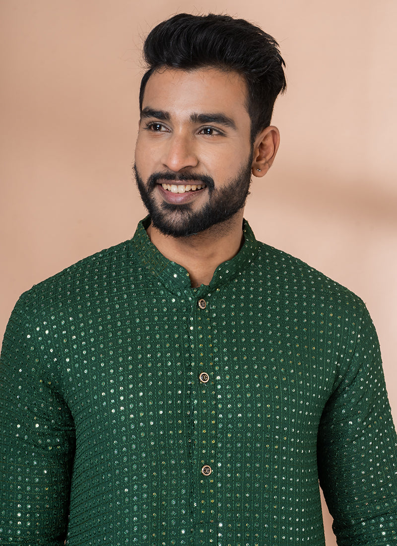 Viscose Green Festival Wear Embroidery Work Kurta Pajama