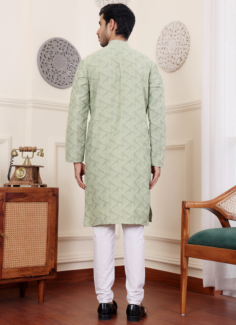 Viscose Green Festival Wear Jacquard Work Readymade Kurta Pajama