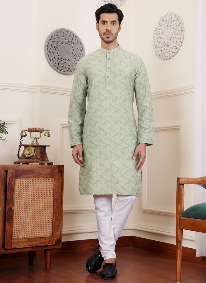 Viscose Green Festival Wear Jacquard Work Readymade Kurta Pajama