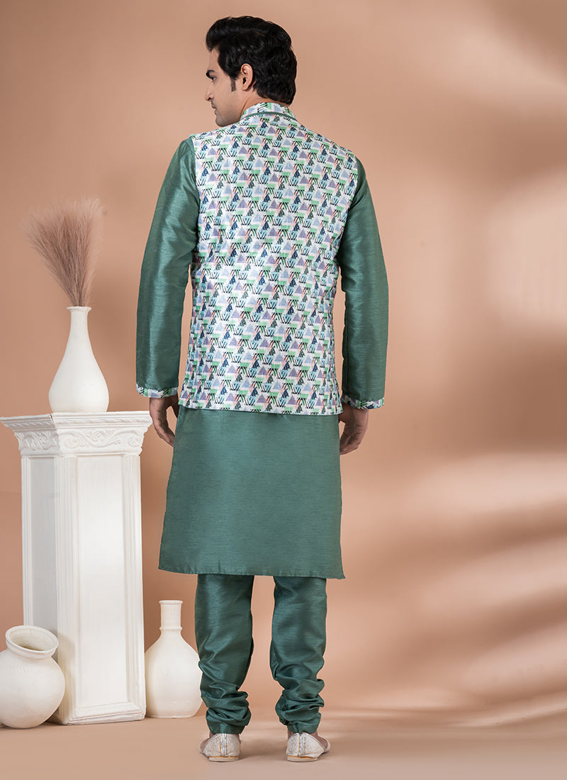 Silk Green Wedding Wear Embroidery Work Readymade Modi Jacket Kurta Pajama