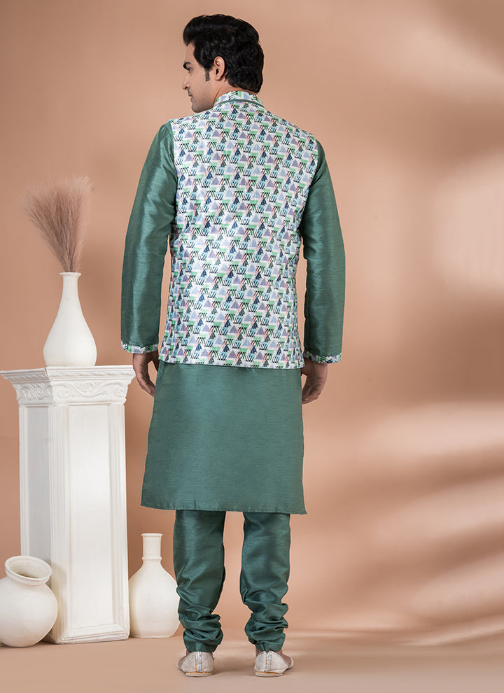 Silk Green Wedding Wear Embroidery Work Readymade Modi Jacket Kurta Pajama