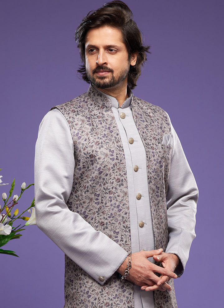 Grey Art Banarasi Silk Festival Wear Digital Printed Kurta Pajama With Jacket