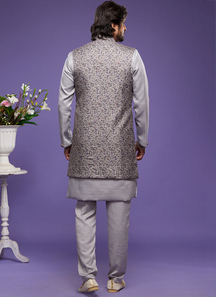Grey Art Banarasi Silk Festival Wear Digital Printed Kurta Pajama With Jacket