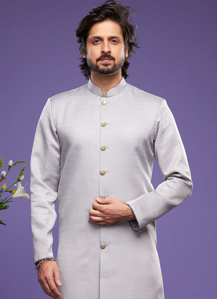 Grey Art Banarasi Silk Tradional Wear Thread Work Kurta Pajama