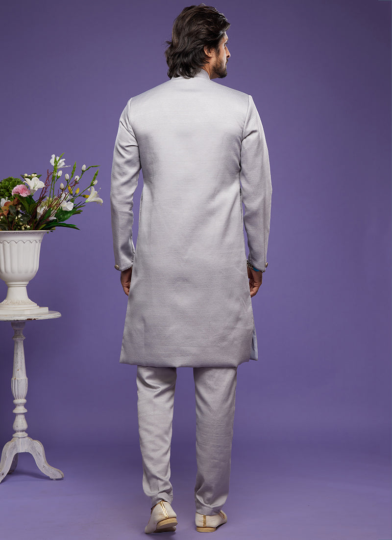 Grey Art Banarasi Silk Tradional Wear Thread Work Kurta Pajama