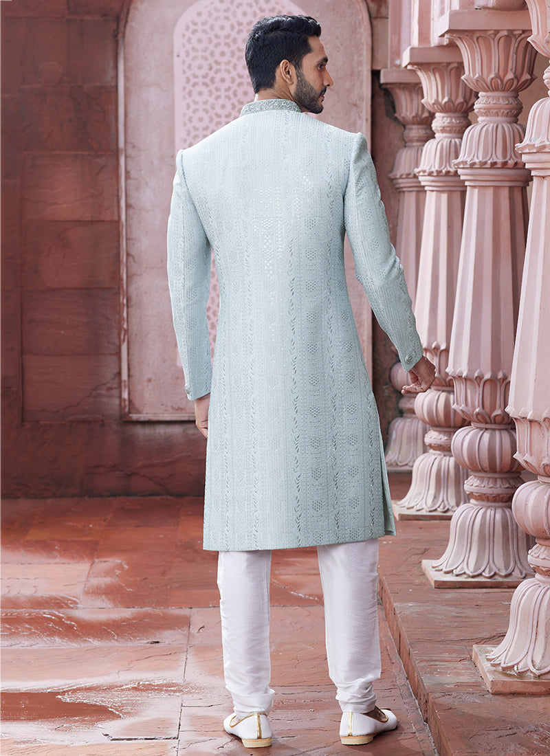 Grey Art Silk Party Wear Thread Work Sherwani