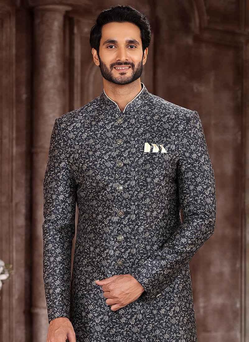 Grey Art Silk Traditional Wear Printed Sherwani