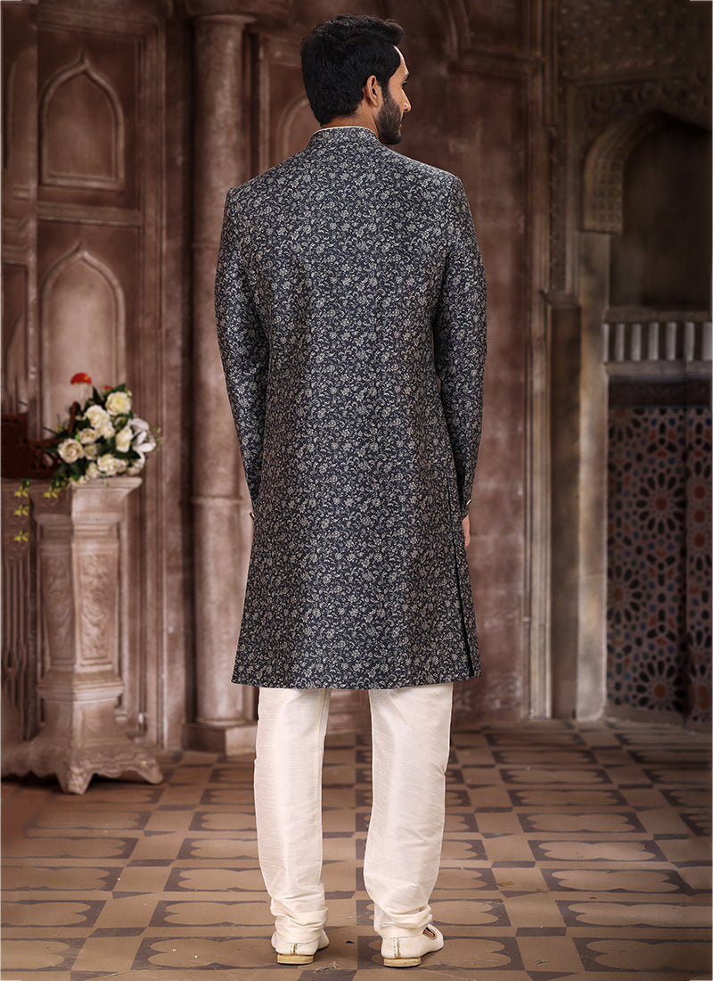 Grey Art Silk Traditional Wear Printed Sherwani