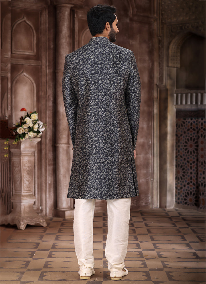 Grey Art Silk Traditional Wear Printed Sherwani