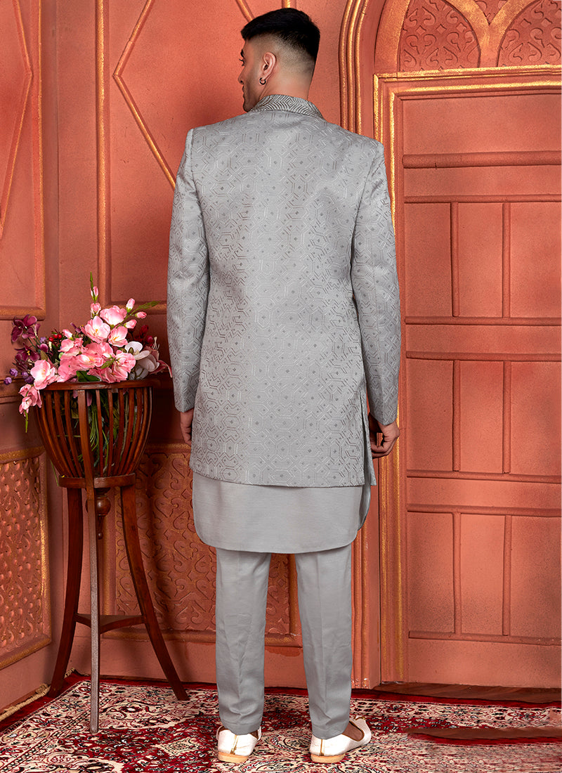 Art Silk Grey Wedding Wear Computer Thread Work 3 Pcs Jacket Set