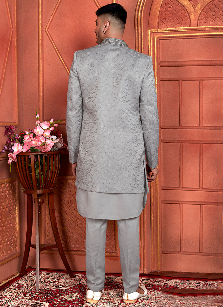 Art Silk Grey Wedding Wear Computer Thread Work 3 Pcs Jacket Set