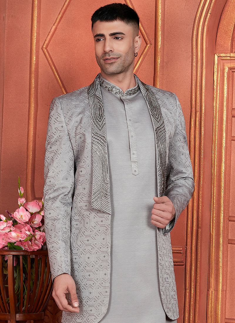 Art Silk Grey Wedding Wear Computer Thread Work 3 Pcs Jacket Set