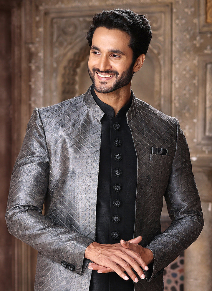 Grey Art Silk Wedding Wear Thread Work Mens Indo Western