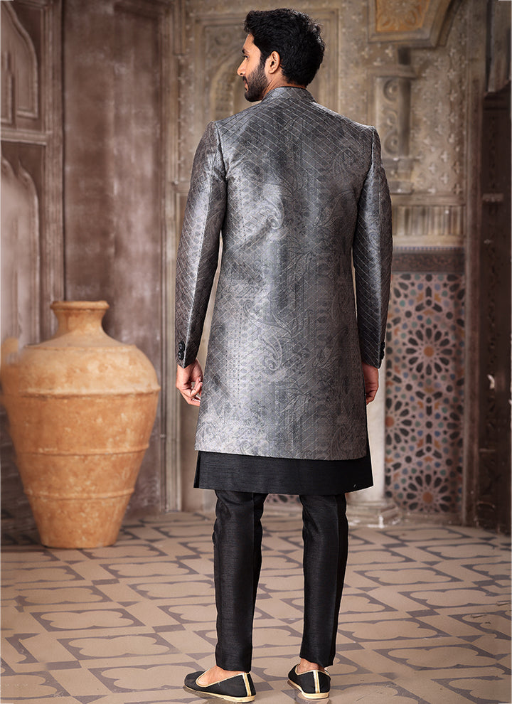 Grey Art Silk Wedding Wear Thread Work Mens Indo Western