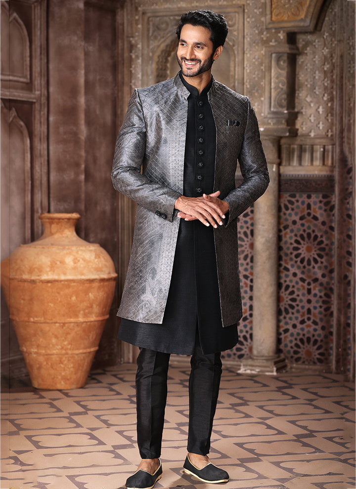 Grey Art Silk Wedding Wear Thread Work Mens Indo Western