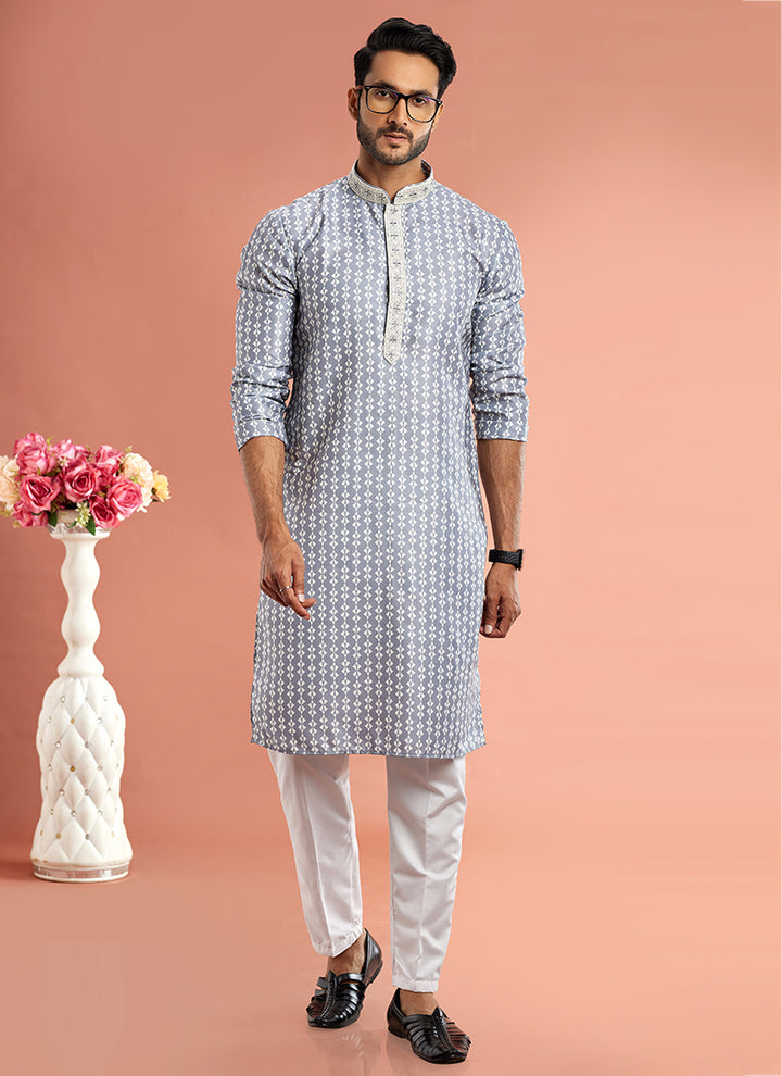 Art Cotton Silk Grey Traditional Wear Thread Work Kurta Pajama