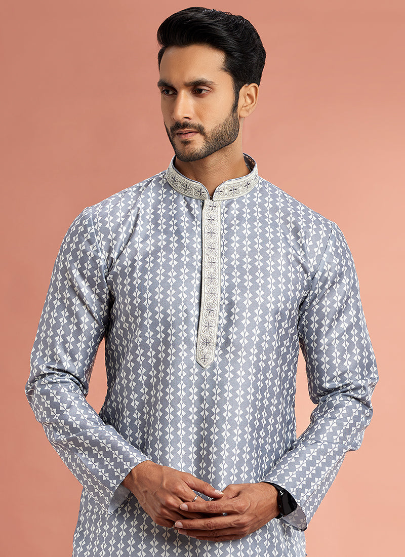 Art Cotton Silk Grey Traditional Wear Thread Work Kurta Pajama