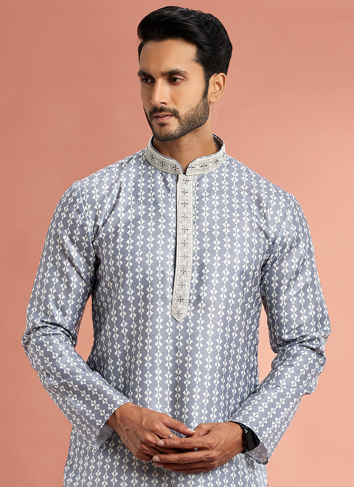 Art Cotton Silk Grey Traditional Wear Thread Work Kurta Pajama